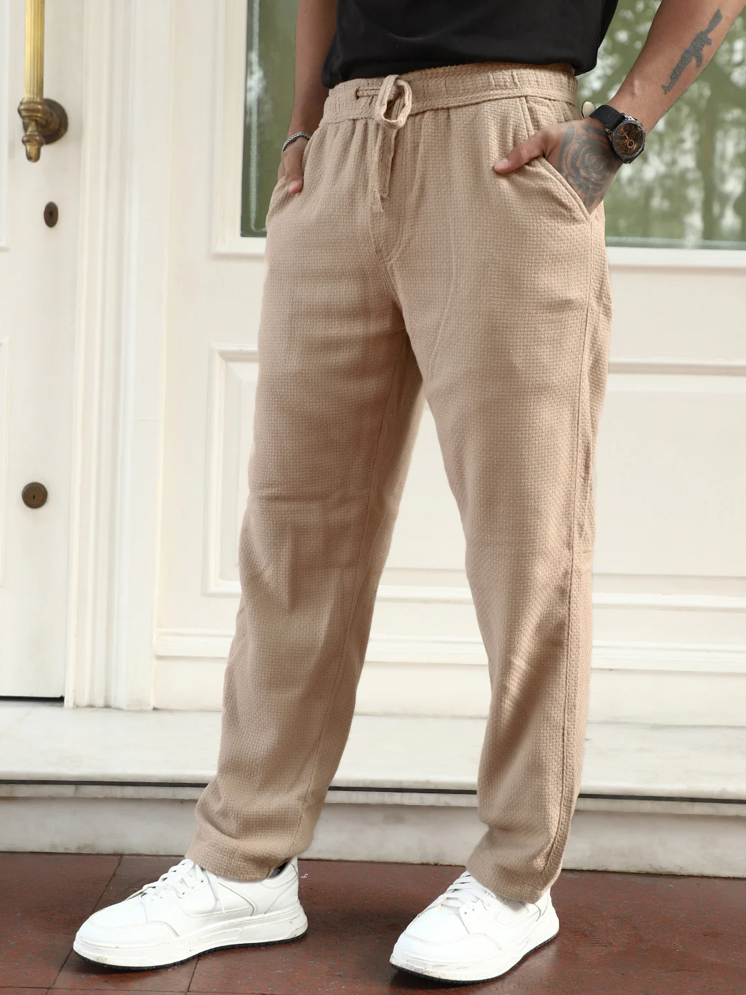 Aurelian Beige Baggy Fit Texture Trouser - Image 3