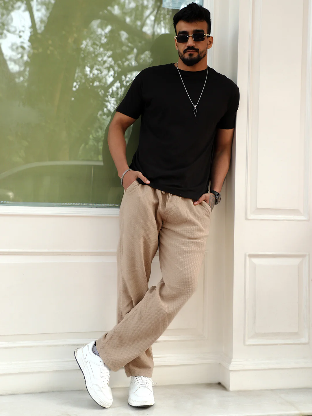 Aurelian Beige Baggy Fit Texture Trouser - Image 7