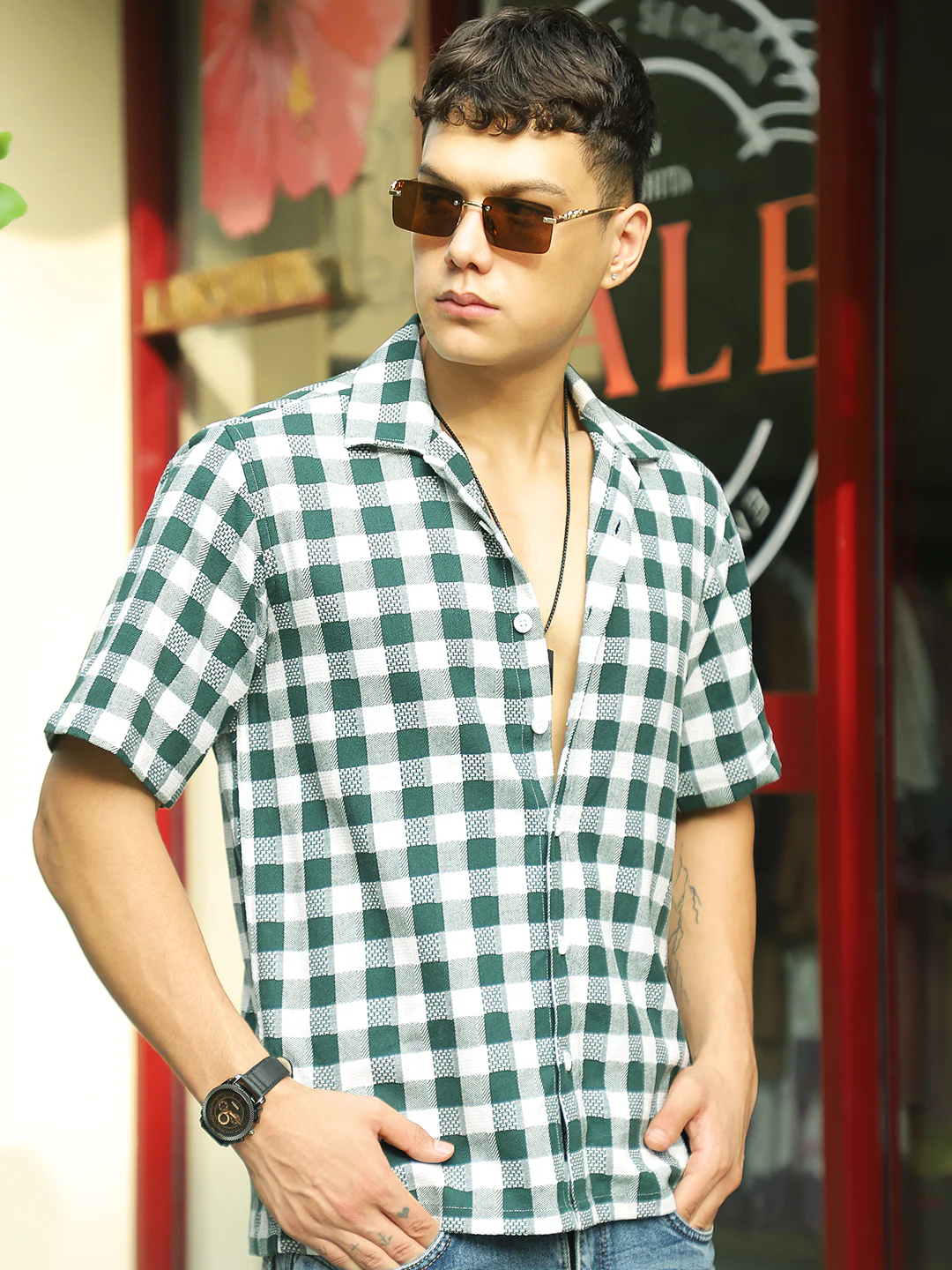 Citrus Dark Green Half Sleeve Check Shirt - Image 3