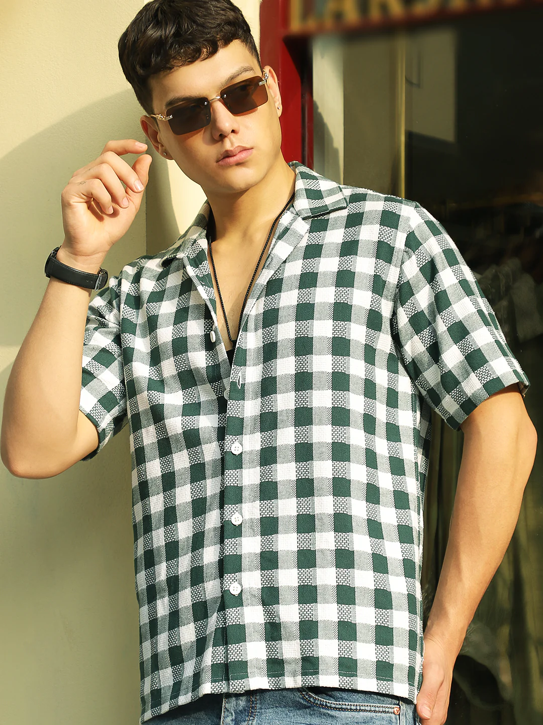 Citrus Dark Green Half Sleeve Check Shirt - Image 5