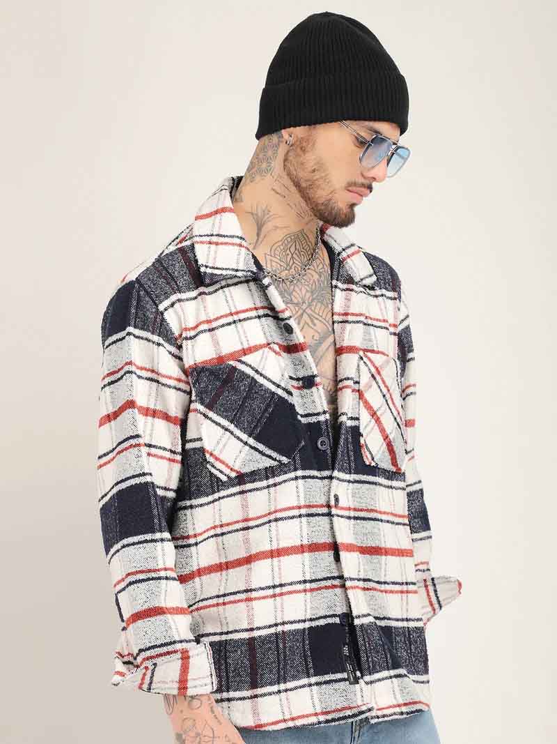 Towel Knitted Navy Check Shacket - Image 4