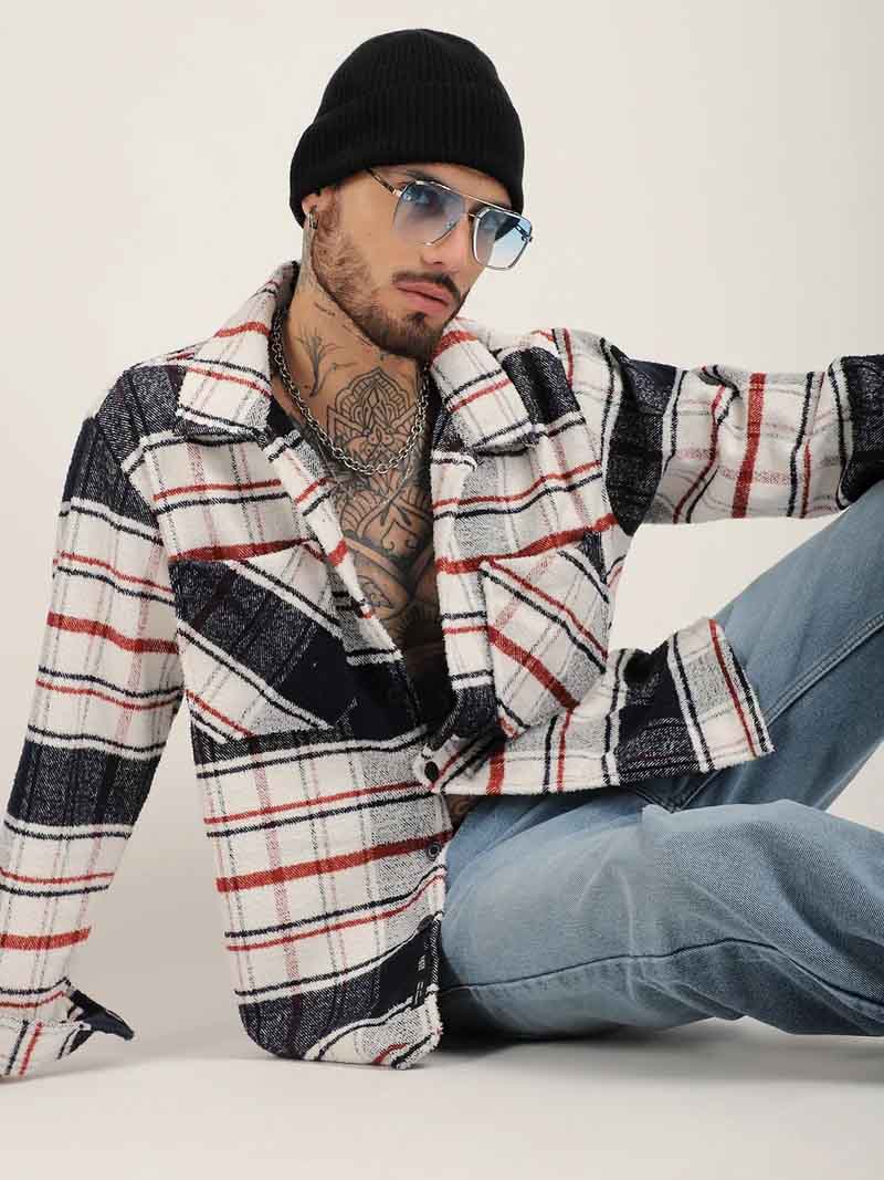 Towel Knitted Navy Check Shacket - Image 5