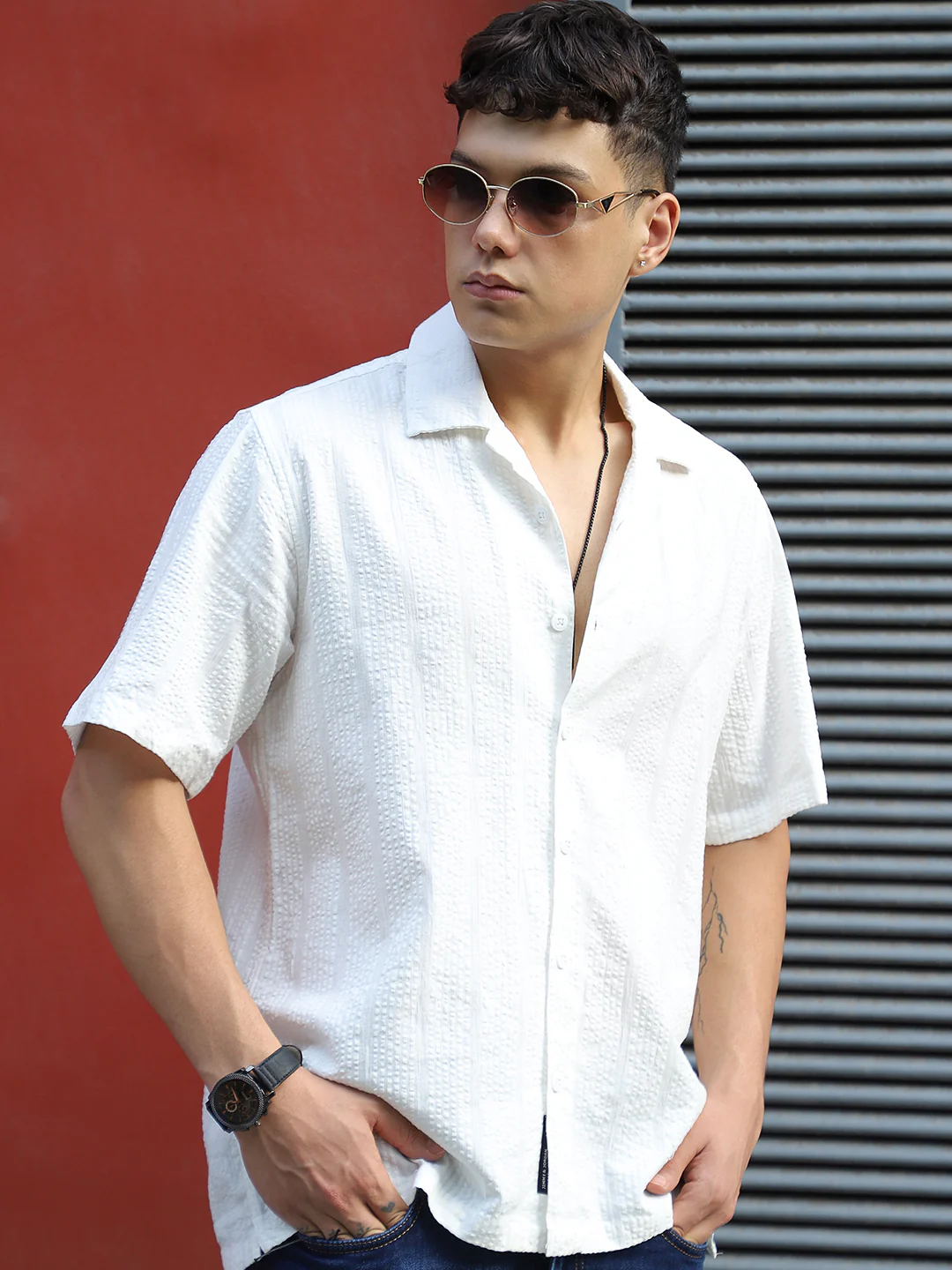 Solven Textured White Half Sleeve Shirt - Image 5