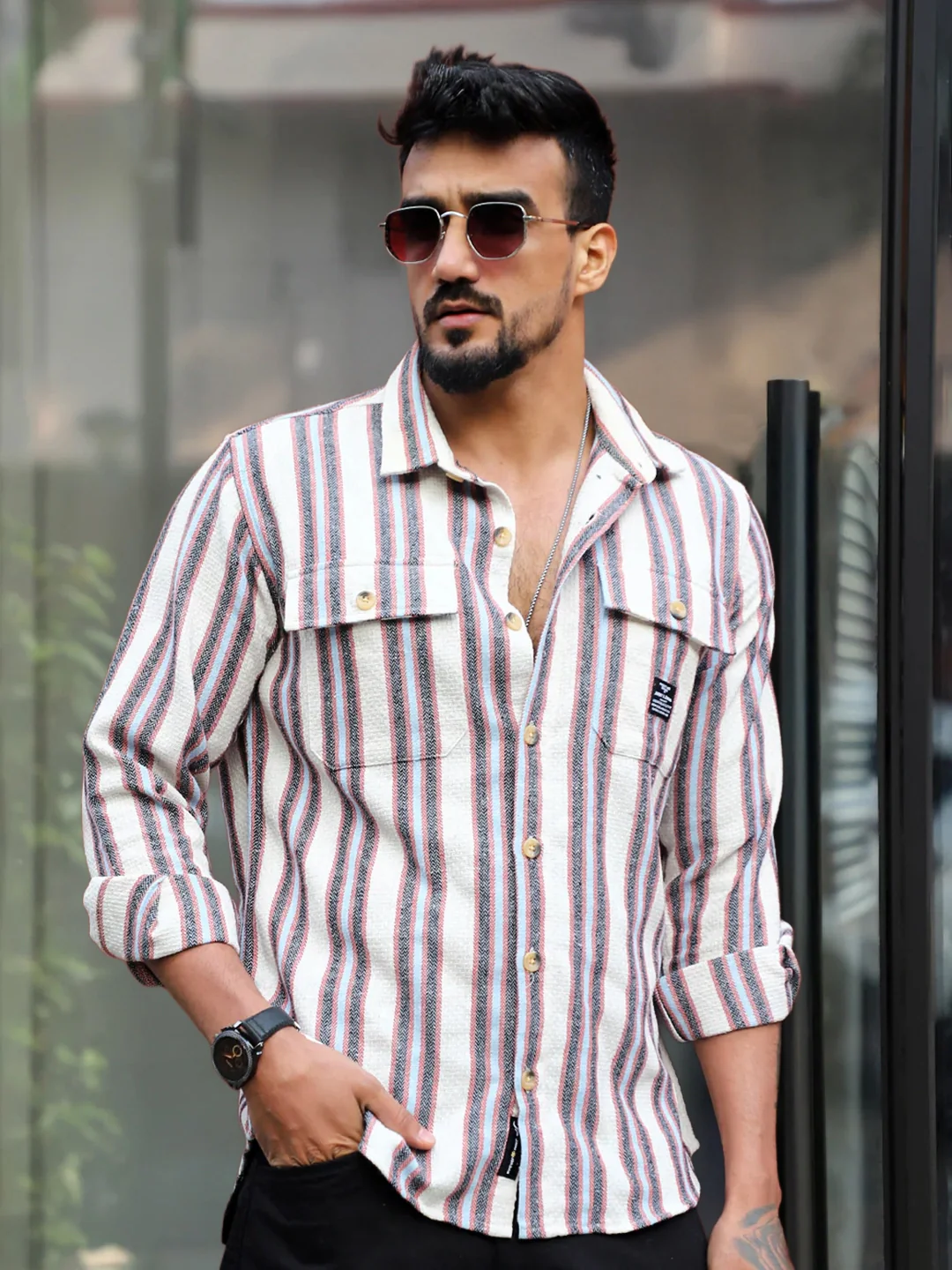 Santorini Beige Stripe Full Sleeve Shirt - Image 3