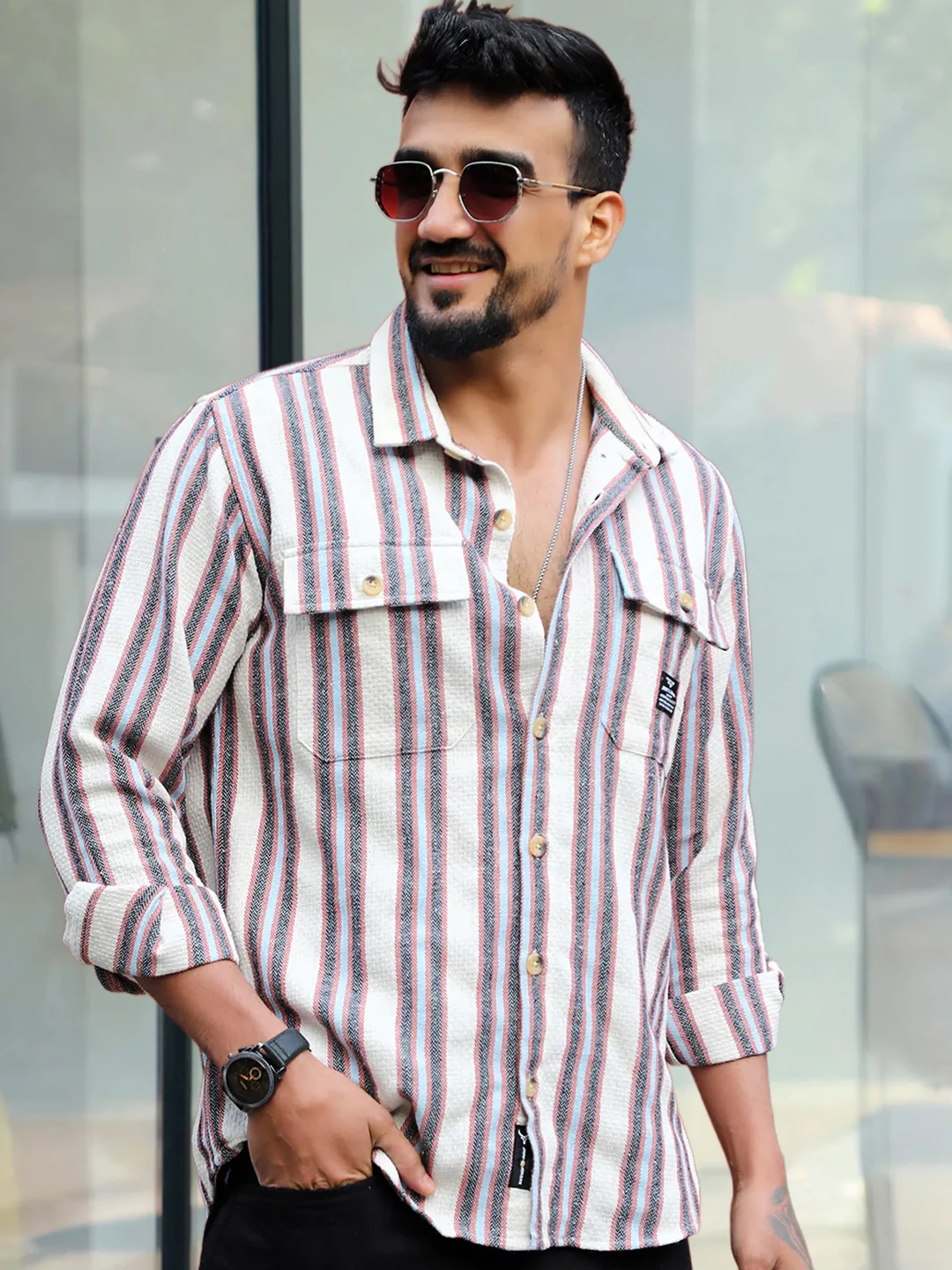 Santorini Beige Stripe Full Sleeve Shirt - Image 4