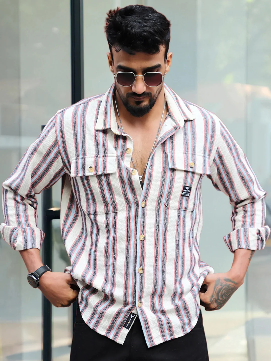 Santorini Beige Stripe Full Sleeve Shirt - Image 5