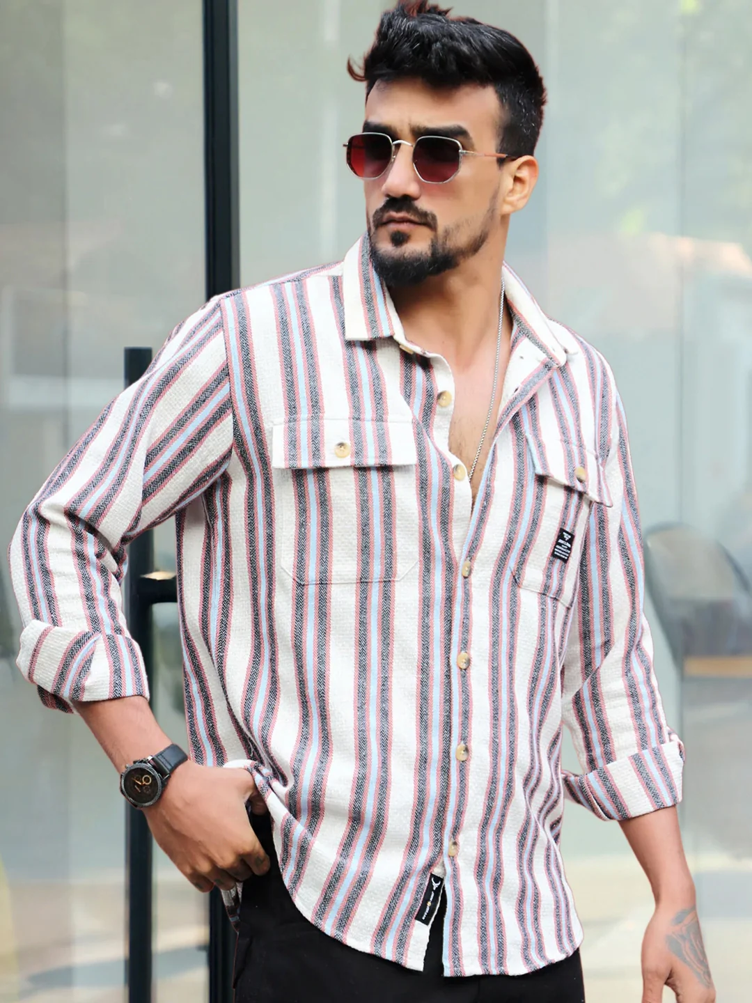 Santorini Beige Stripe Full Sleeve Shirt - Image 6