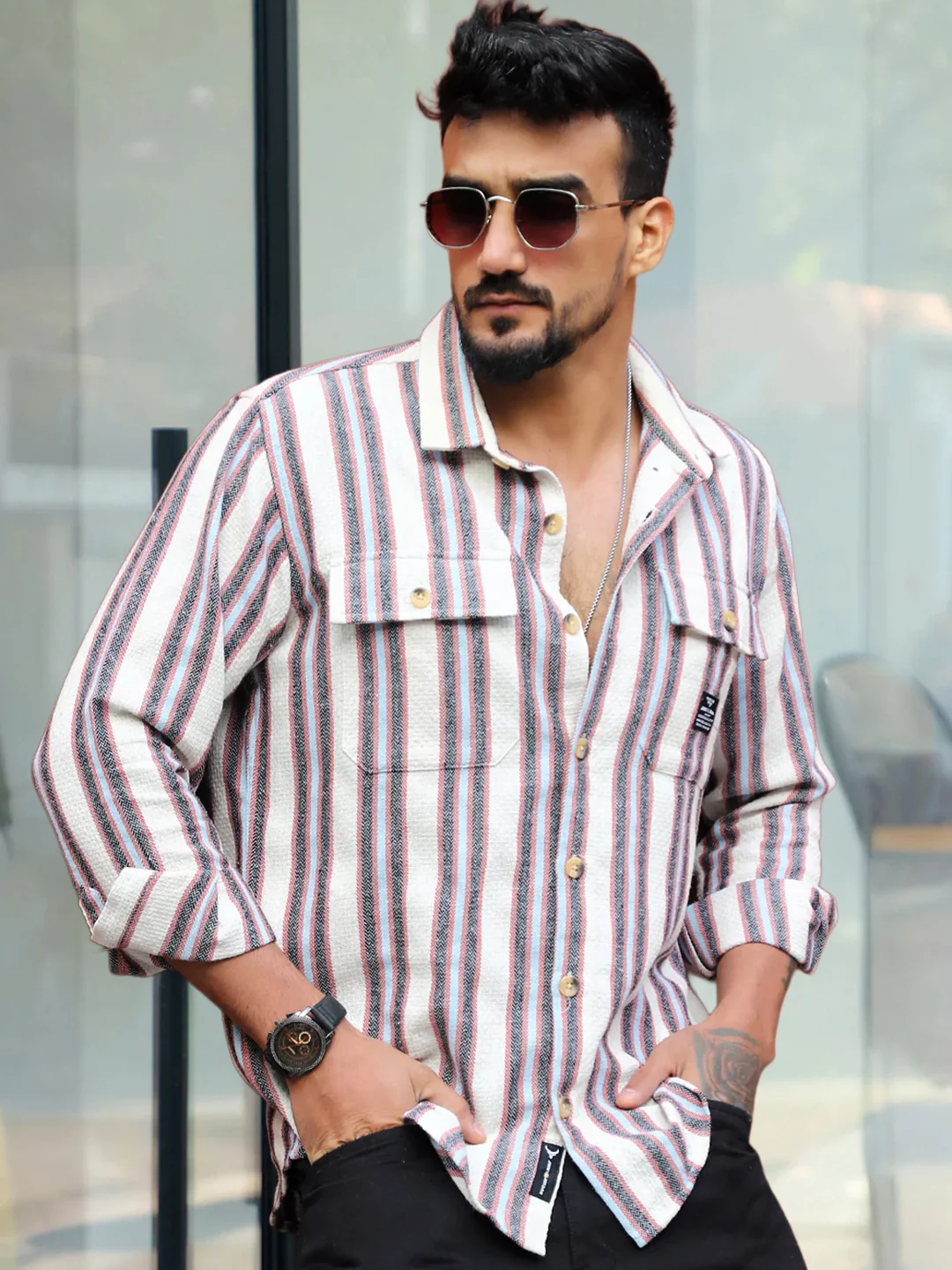 Santorini Beige Stripe Full Sleeve Shirt - Image 7