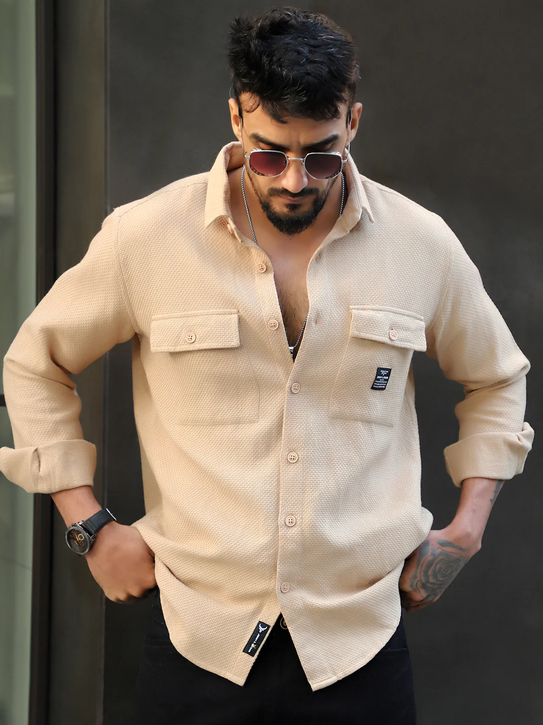 Tuscan Almond Brown Texture Full Sleeve Shirt - Image 3