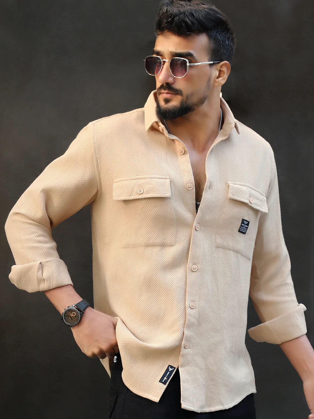 Tuscan Almond Brown Texture Full Sleeve Shirt - Image 4