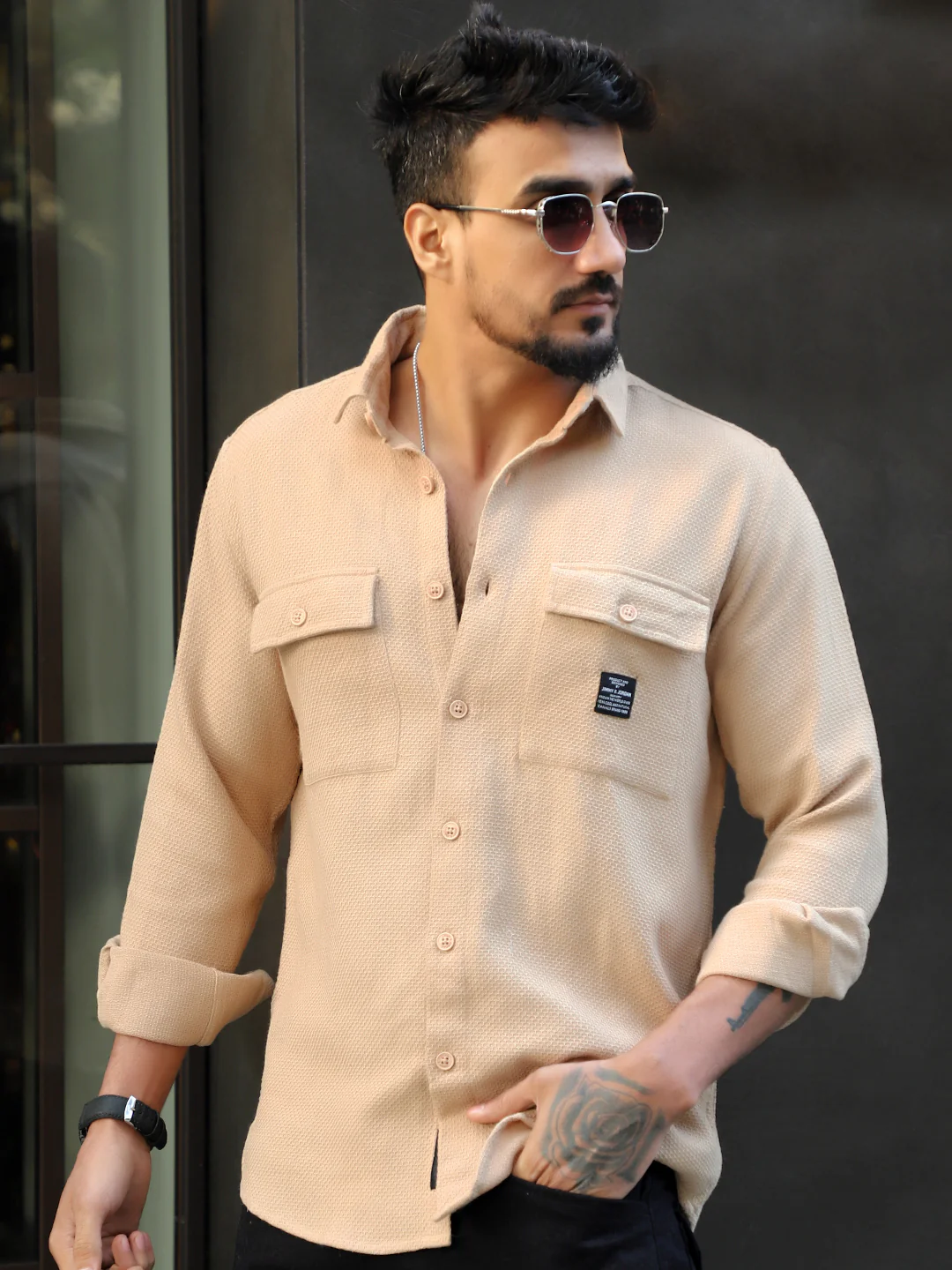 Tuscan Almond Brown Texture Full Sleeve Shirt - Image 5