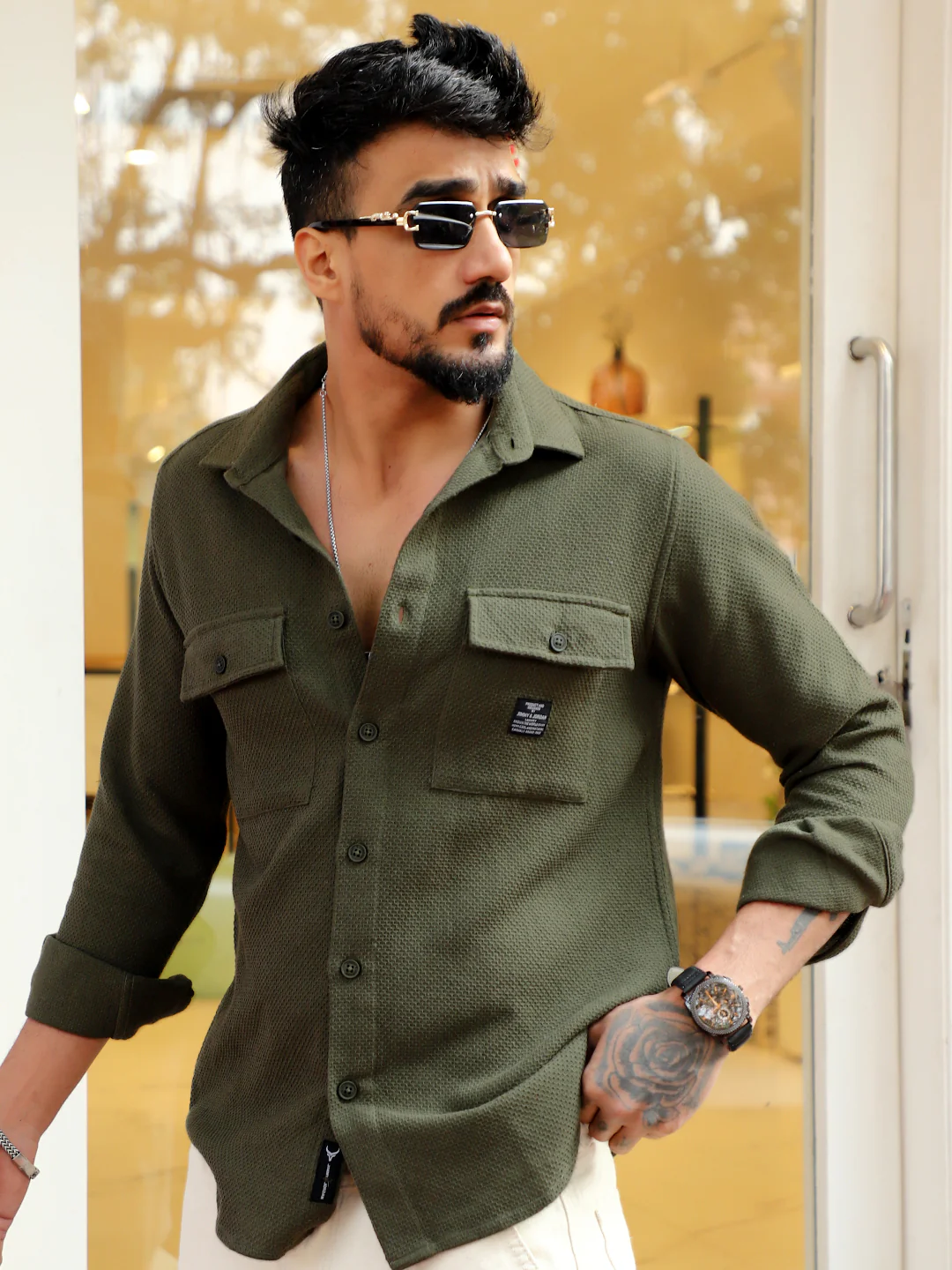 Tuscan Olive Texture Full Sleeve Shirt - Image 3