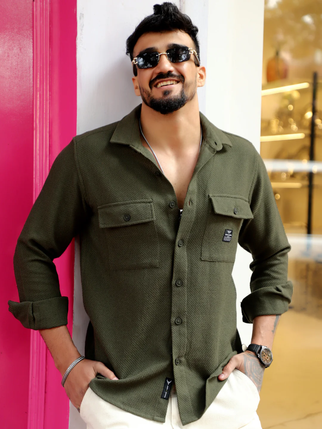 Tuscan Olive Texture Full Sleeve Shirt - Image 5